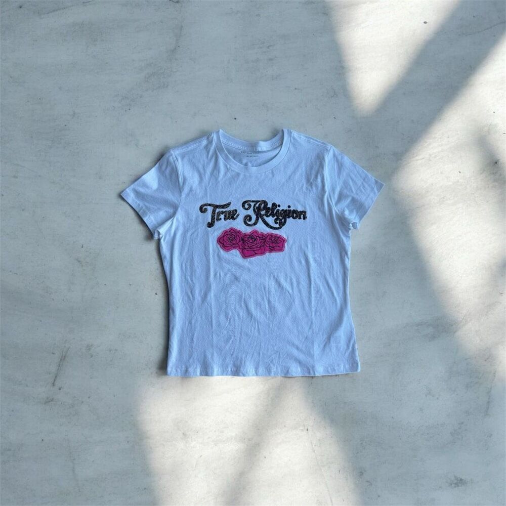 True Religion White Embellished Crystal Rose Romantic Y2K Style Baby Tee Sz L